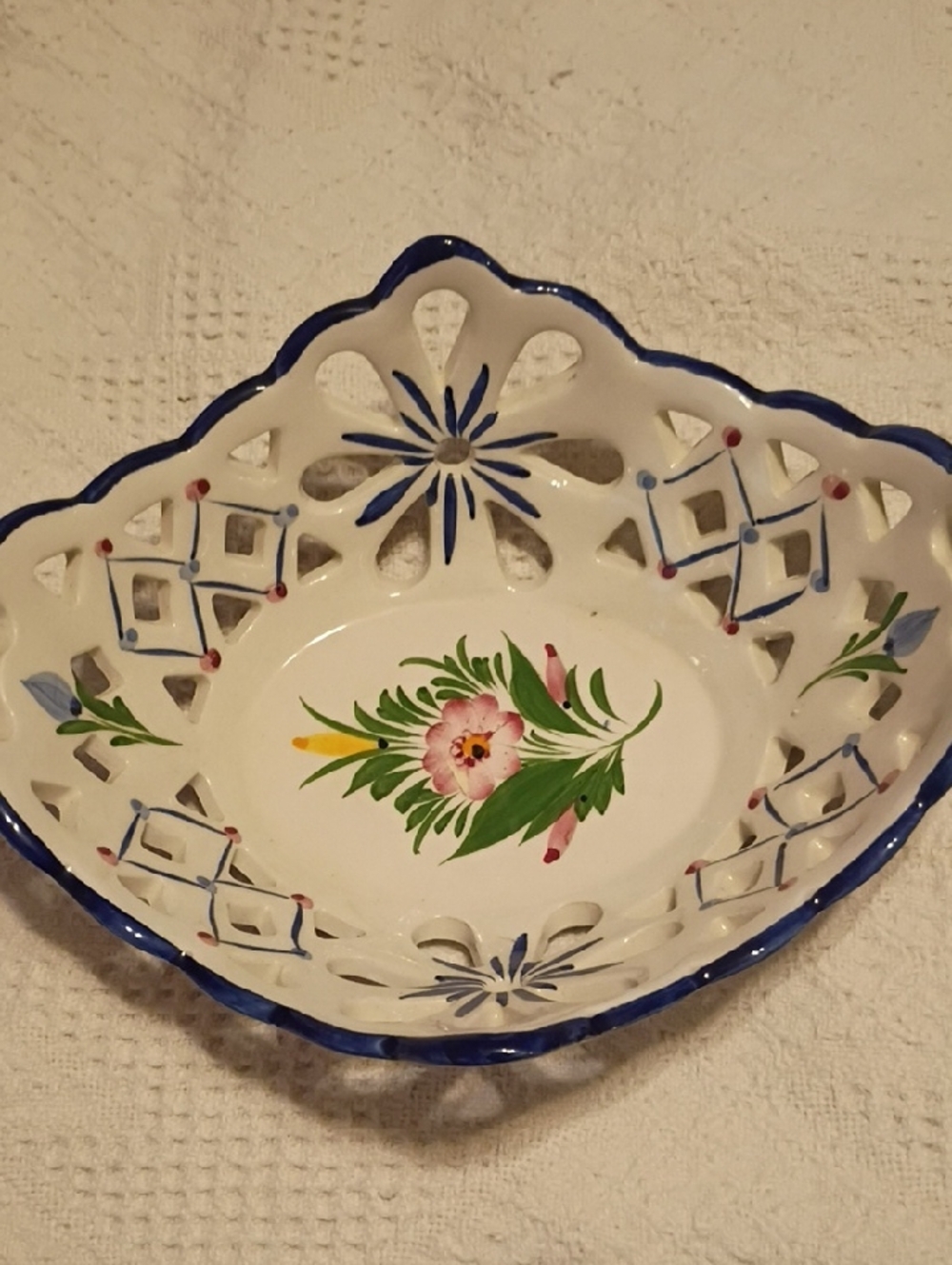 Portugal Hand-Painted Floral Ceramic Dish in White and Blue
